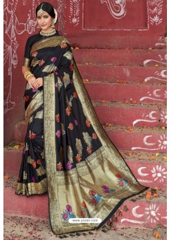 Black Heavy Embroidered Silk Party Wear Sari