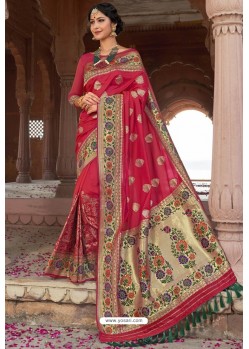 Rose Red Heavy Embroidered Silk Party Wear Sari