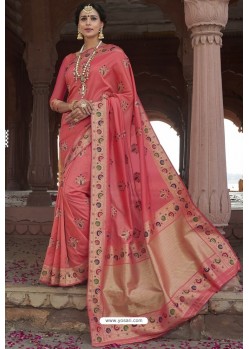 Peach Heavy Embroidered Silk Party Wear Sari