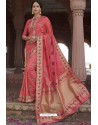 Peach Heavy Embroidered Silk Party Wear Sari