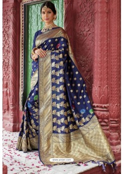 Navy Blue Heavy Embroidered Silk Party Wear Sari