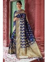 Navy Blue Heavy Embroidered Silk Party Wear Sari