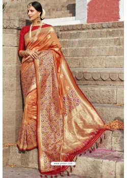 Orange Heavy Embroidered Silk Party Wear Sari