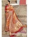 Orange Heavy Embroidered Silk Party Wear Sari