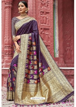 Purple Heavy Embroidered Silk Party Wear Sari