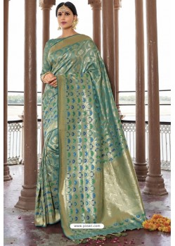 Teal Heavy Embroidered Silk Party Wear Sari