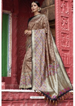 Light Brown Heavy Embroidered Silk Party Wear Sari