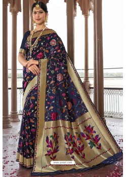 Navy Blue Heavy Embroidered Silk Party Wear Sari