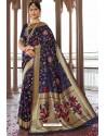 Navy Blue Heavy Embroidered Silk Party Wear Sari