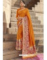 Orange Heavy Embroidered Silk Party Wear Sari