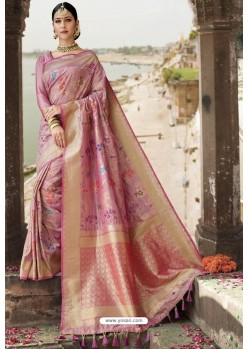 Mauve Heavy Embroidered Silk Party Wear Sari