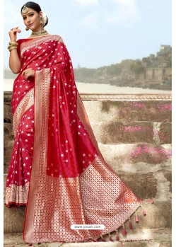 Dark Peach Heavy Embroidered Silk Party Wear Sari