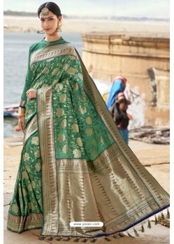 Dark Green Heavy Embroidered Silk Party Wear Sari