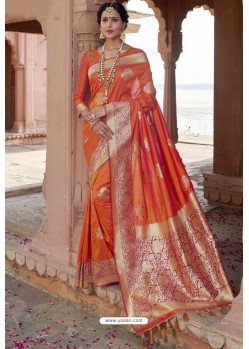 Orange Heavy Embroidered Silk Party Wear Sari