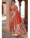 Orange Heavy Embroidered Silk Party Wear Sari