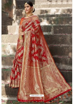 Red Heavy Embroidered Silk Party Wear Sari