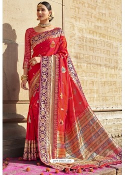 Dark Peach Heavy Embroidered Silk Party Wear Sari