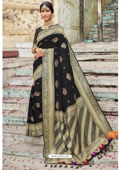 Black Heavy Embroidered Silk Party Wear Sari