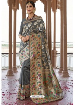 Grey Heavy Embroidered Silk Party Wear Sari