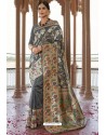 Grey Heavy Embroidered Silk Party Wear Sari