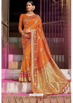 Orange Heavy Embroidered Silk Party Wear Sari