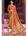 Orange Heavy Embroidered Silk Party Wear Sari