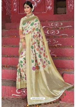 Light Beige Heavy Embroidered Silk Party Wear Sari