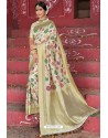 Light Beige Heavy Embroidered Silk Party Wear Sari