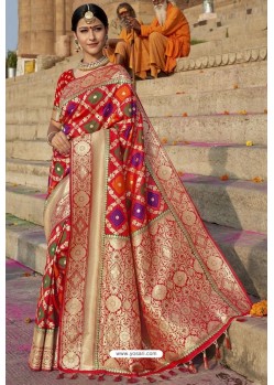 Red Heavy Embroidered Silk Party Wear Sari