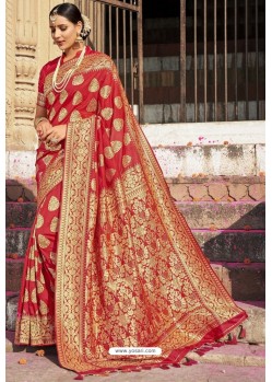 Dark Peach Heavy Embroidered Silk Party Wear Sari