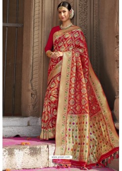 Red Heavy Embroidered Silk Party Wear Sari