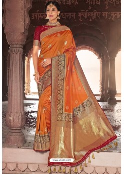 Orange Heavy Embroidered Silk Party Wear Sari