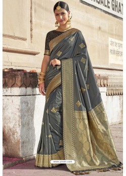 Grey Heavy Embroidered Silk Party Wear Sari