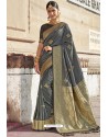 Grey Heavy Embroidered Silk Party Wear Sari