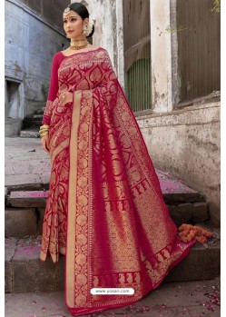 Rose Red Heavy Embroidered Silk Party Wear Sari