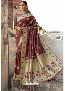 Brown Heavy Embroidered Silk Party Wear Sari