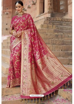 Rose Red Heavy Embroidered Silk Party Wear Sari