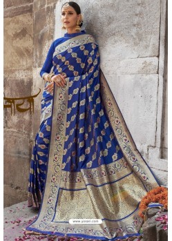 Dark Blue Heavy Embroidered Silk Party Wear Sari