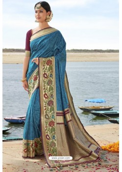 Dark Blue Heavy Embroidered Silk Party Wear Sari