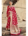 Rose Red Heavy Embroidered Silk Party Wear Sari