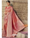 Peach Heavy Embroidered Silk Party Wear Sari