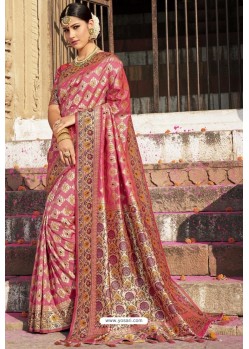 Hot Pink Heavy Embroidered Silk Party Wear Sari