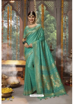 Aqua Mint Designer Blended Cotton Jacquard Banarasi Silk Party Wear Sari