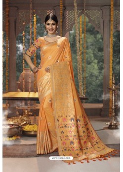 Orange Designer Blended Cotton Jacquard Banarasi Silk Party Wear Sari