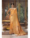 Orange Designer Blended Cotton Jacquard Banarasi Silk Party Wear Sari