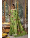 Parrot Green Designer Blended Cotton Jacquard Banarasi Silk Party Wear Sari
