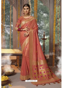 Rust Designer Blended Cotton Jacquard Banarasi Silk Party Wear Sari