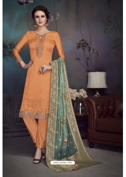 Orange Heavy Embroidered Satin Designer Straight Salwar Suit