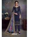 Navy Blue Heavy Embroidered Satin Designer Straight Salwar Suit