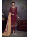 Maroon Heavy Embroidered Satin Designer Straight Salwar Suit